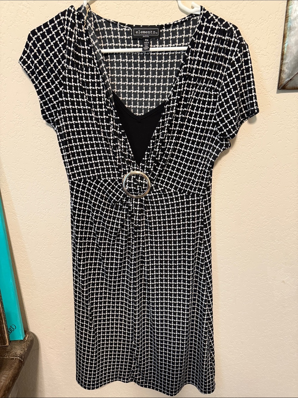 Elementz Black and White Geometric Midi Dress with Ring Accent